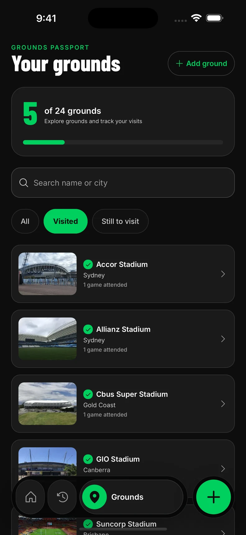 Visited grounds in FanPass with venues and attendance records